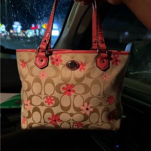 Coach Beige and Pink Floral Tote Bag